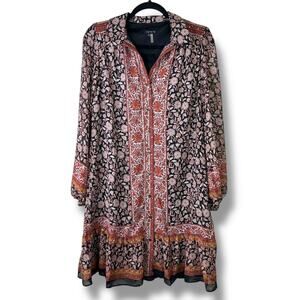 1.State Brown Floral Print Button Down Collar Long Sleeve Flutter Flounce Dress